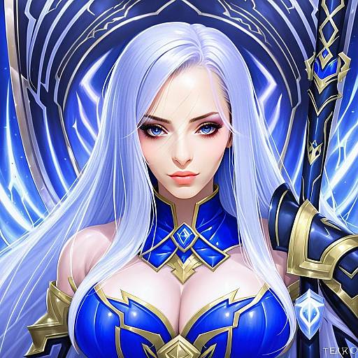 Ashe League of Legends Digital Artwork - Fantasy Anime Style Woman with White Hair and Blue Armor