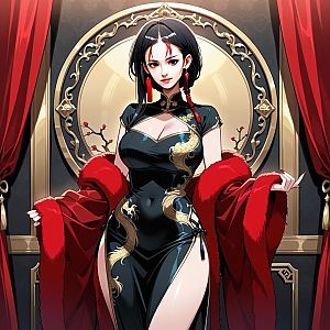 Elegant Woman in Black Qipao with Red Shawl
