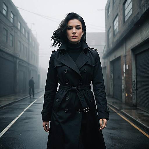 Confident Woman in Dark Trench Coat on Foggy Urban Street