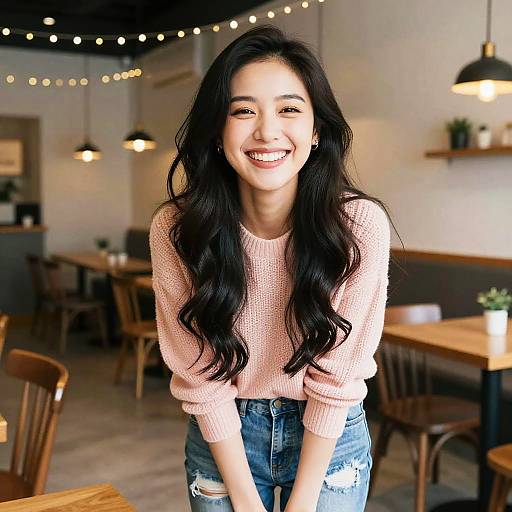 Smiling Young Woman in Pink Sweater and Distressed Jeans in Cozy Cafe