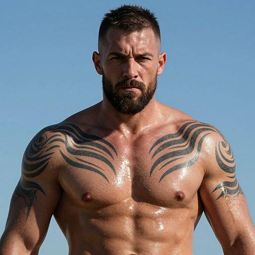 Muscular Shirtless Man with Tribal Tattoos and Intense Expression