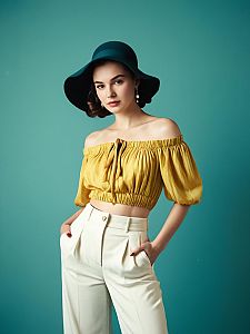 Stylish Woman in Mustard Crop Top and Wide-Brimmed Hat Fashion Portrait
