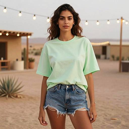 Tall Woman in Casual Streetwear with Oversized Pale Green T-Shirt and Distressed Denim Shorts