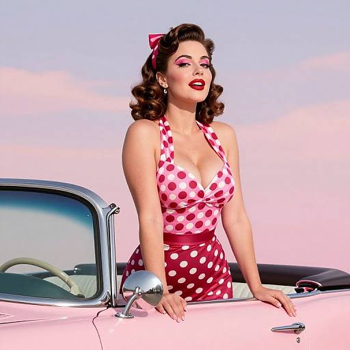 1950s Pin-Up Style Woman in Polka Dot Dress by Pink Classic Convertible