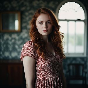 Portrait of Red-Haired Woman in Vintage Dress Indoors