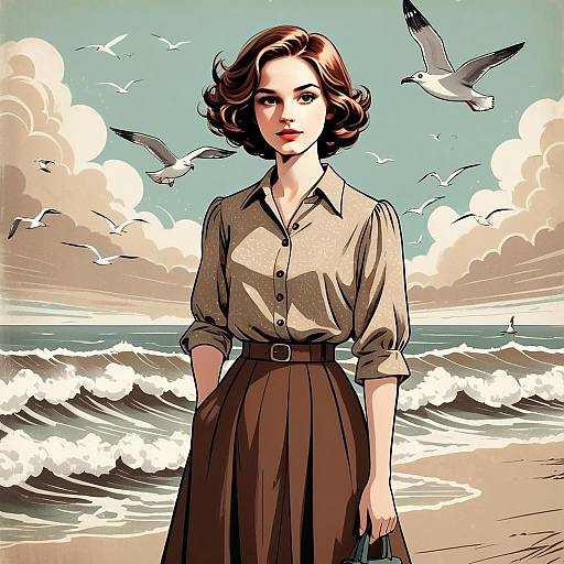 Vintage Style Digital Illustration of Woman on Beach with Seagulls
