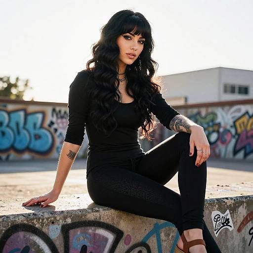 Edgy Woman Posing on Graffiti-Covered Concrete in Urban Street Style