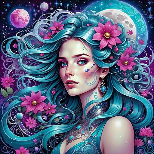 Mystical Woman with Turquoise Hair and Cosmic Background Digital Artwork