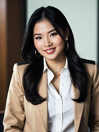 Professional Young Secretary Woman in Beige Blazer with Jewelry