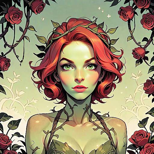 Red-Haired Woman Surrounded by Roses Digital Art Illustration
