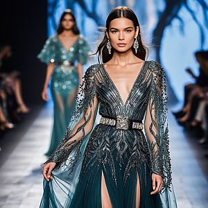 Fashion Model in Elegant Teal Gown on Runway