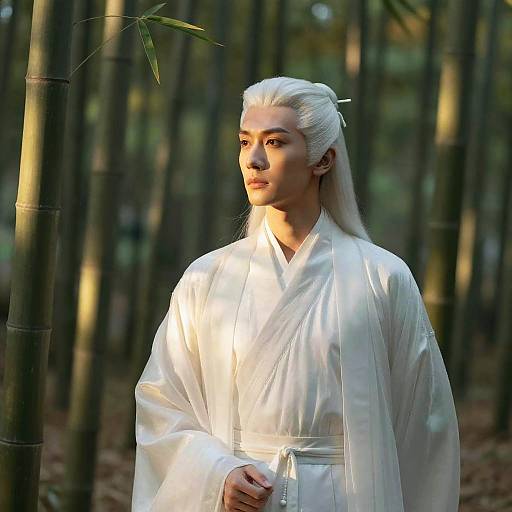 Man in Traditional White Hanfu Attire in Bamboo Forest