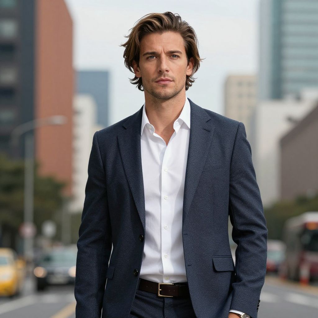 Confident Man in Navy Blue Suit on City Street