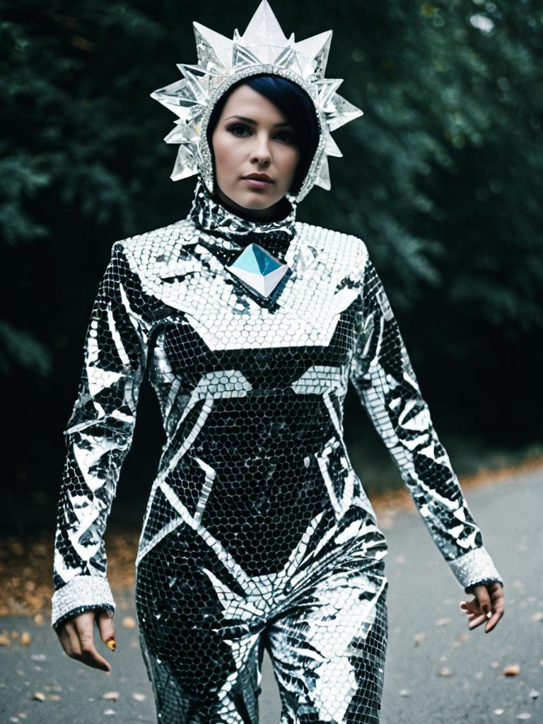 Woman in Crystal Man Costume Wearing Futuristic Reflective Cosplay