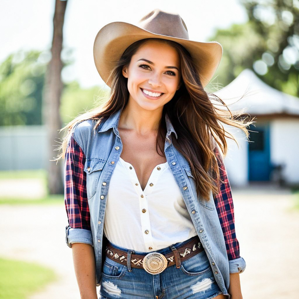 Smiling Woman in Stylish Western Outfit Smiling Woman in Stylish Western Outfit