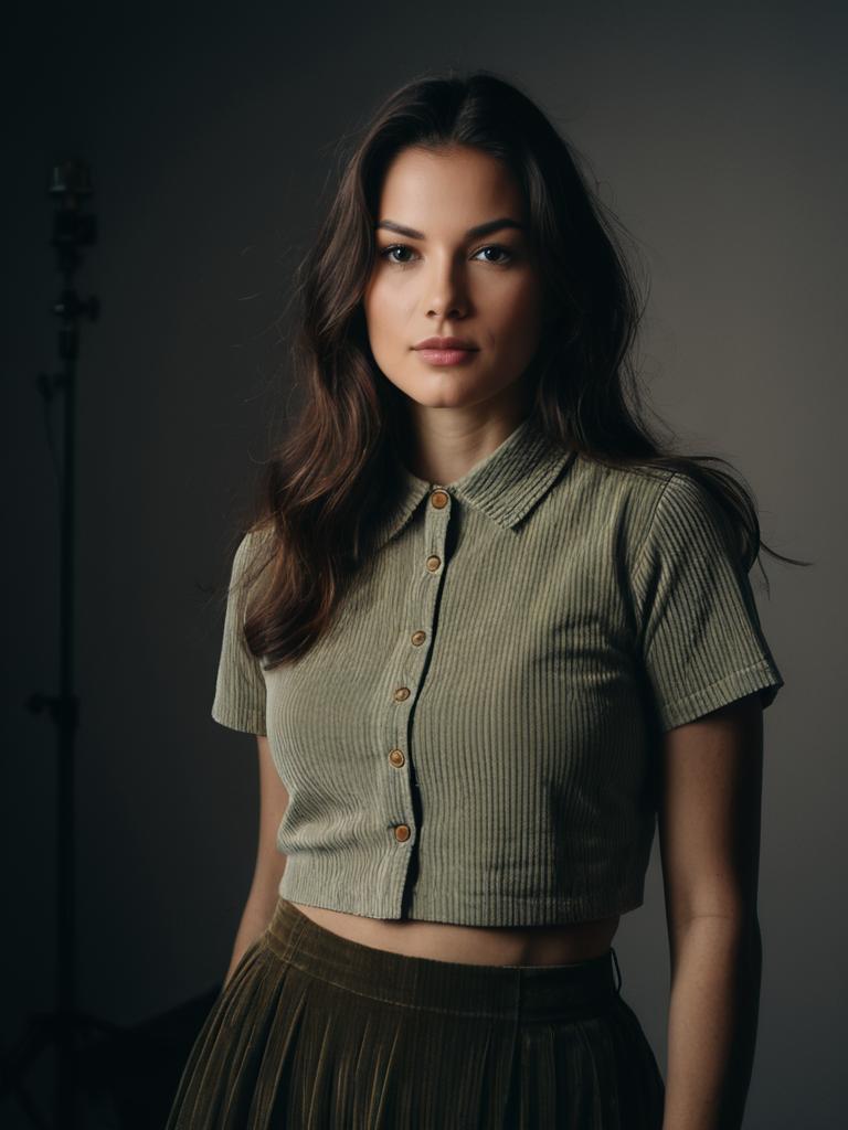Woman Wearing Casual Short-Sleeved Beige Ribbed Crop Top with Textured Fabric