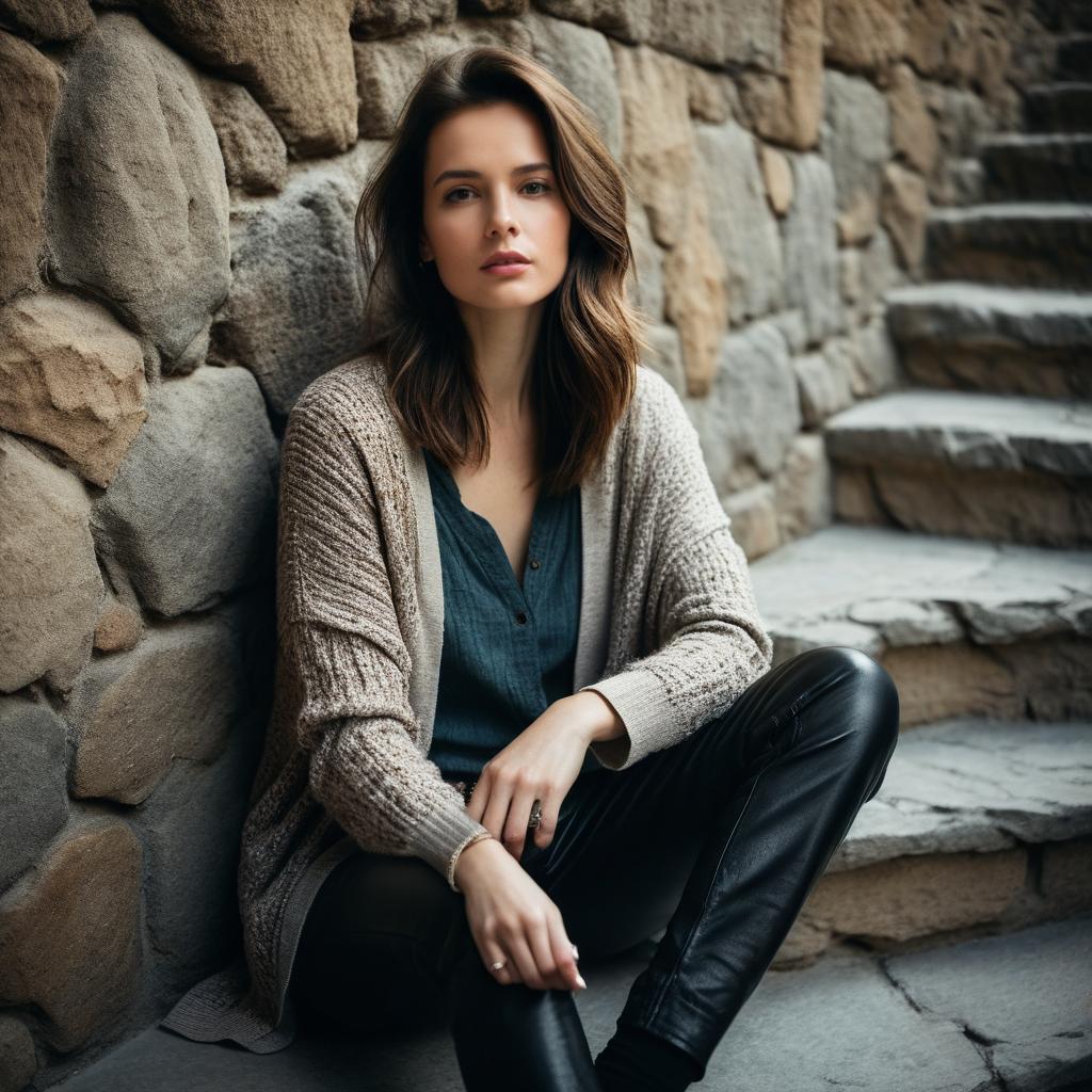 Young Woman in Knitted Cardigan by Rustic Stone Wall Young Woman in Knitted Cardigan by Rustic Stone Wall
