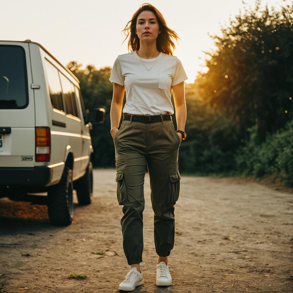 Confident Woman Walking Near Off-Road Vehicle at Sunset Outdoors
