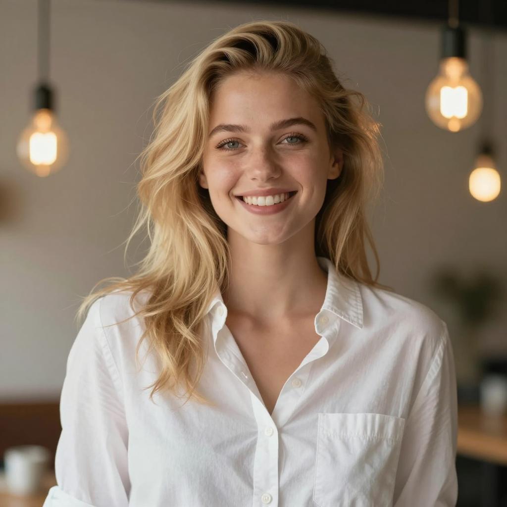 Portrait of Smiling Gen Z Woman in Casual White Shirt with Warm Indoor Lighting