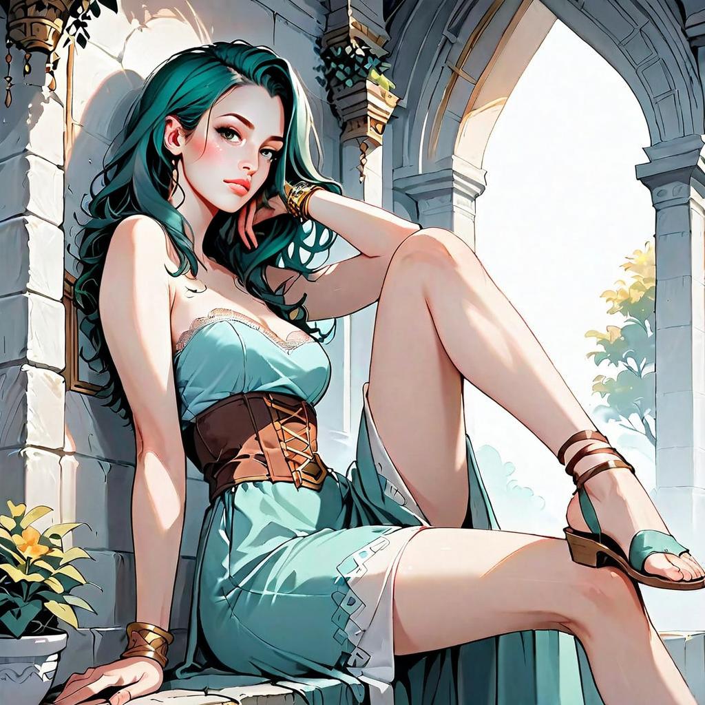 Stylish Woman in Turquoise Dress Sitting by Stone Wall with Arched Architecture
