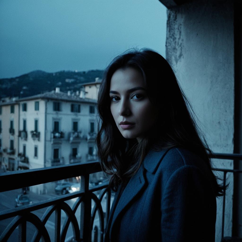 Contemplative Woman on Balcony Overlooking European Town at Dusk