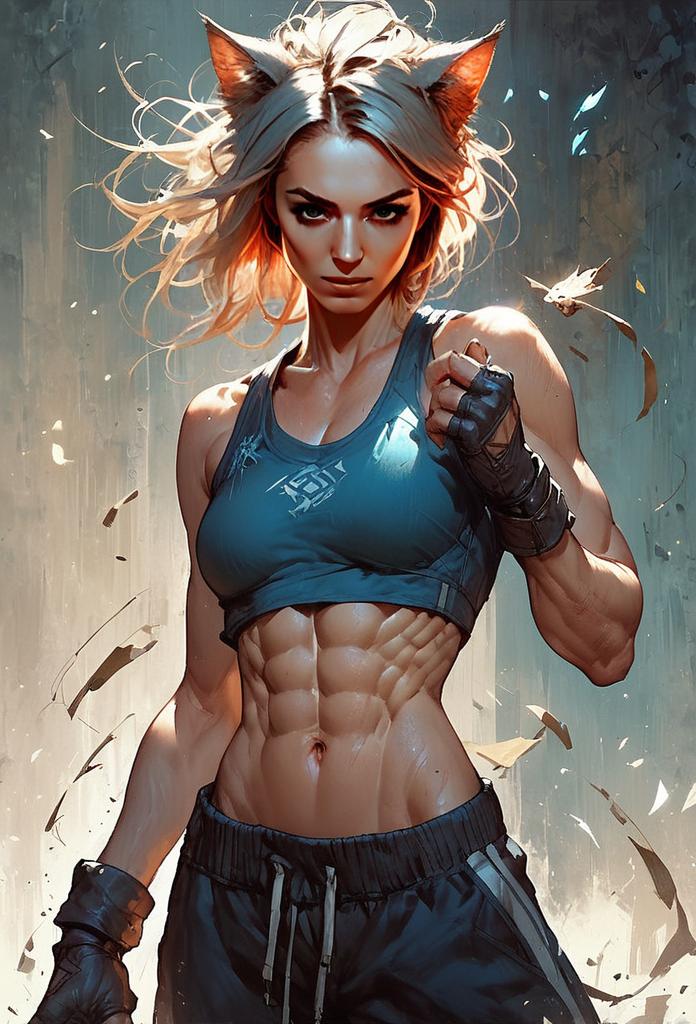 Fierce Athletic Woman with Cat Ears and Muscular Physique in Fantasy Digital Art