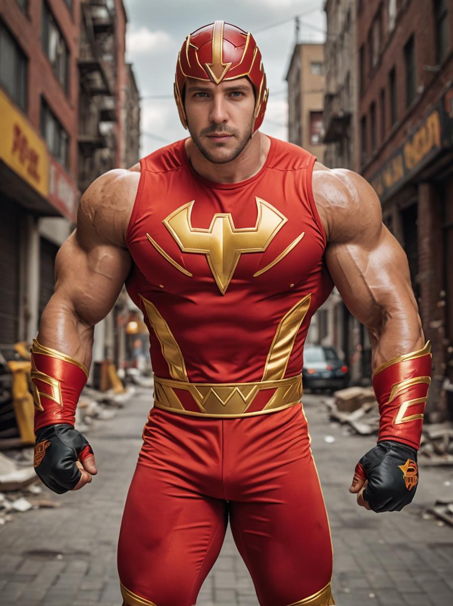 Muscular Superhero in Red and Gold Costume