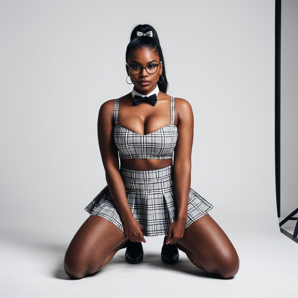 Confident Woman in Stylish Plaid Two-Piece Outfit with Glasses and Bow Tie