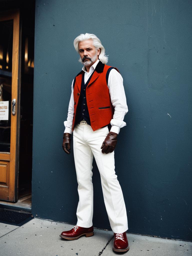 Stylish Mature Man Wearing Red Vest and White Trousers with Brown Gloves