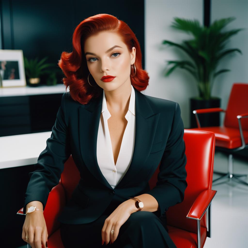 Confident Woman in Black Suit with Red Hair