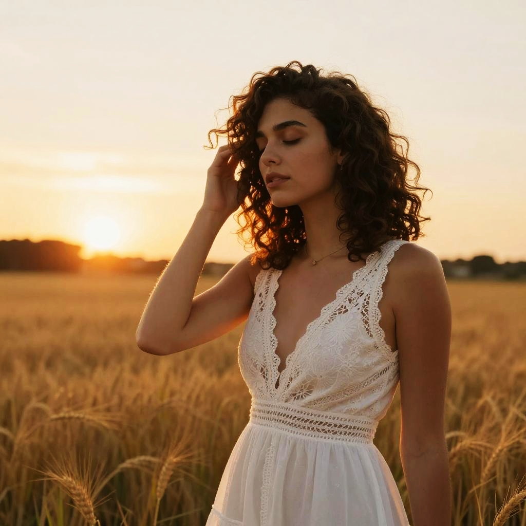 Young Woman in White Lace Dress in Wheat Field at Sunset
