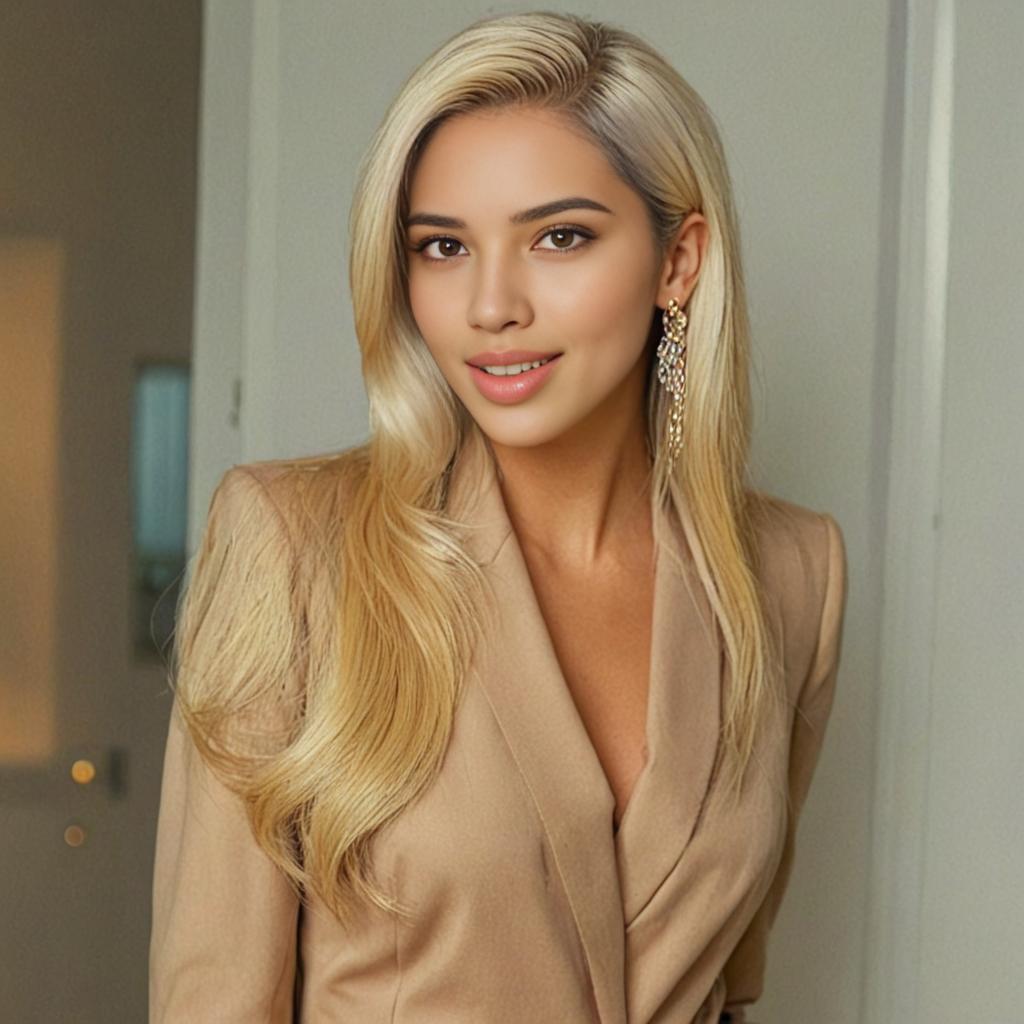 Elegant Woman in Beige Outfit with Blonde Hair