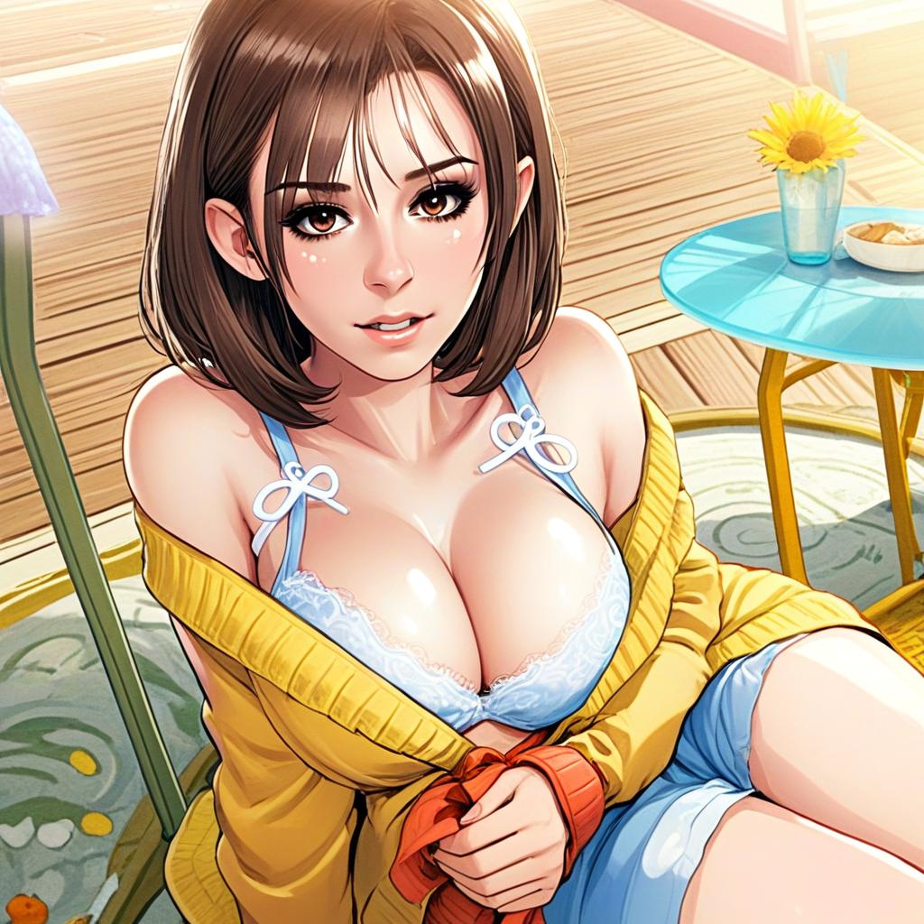 Anime Woman in Blue Lace Bra and Yellow Cardigan by Deckside Table
