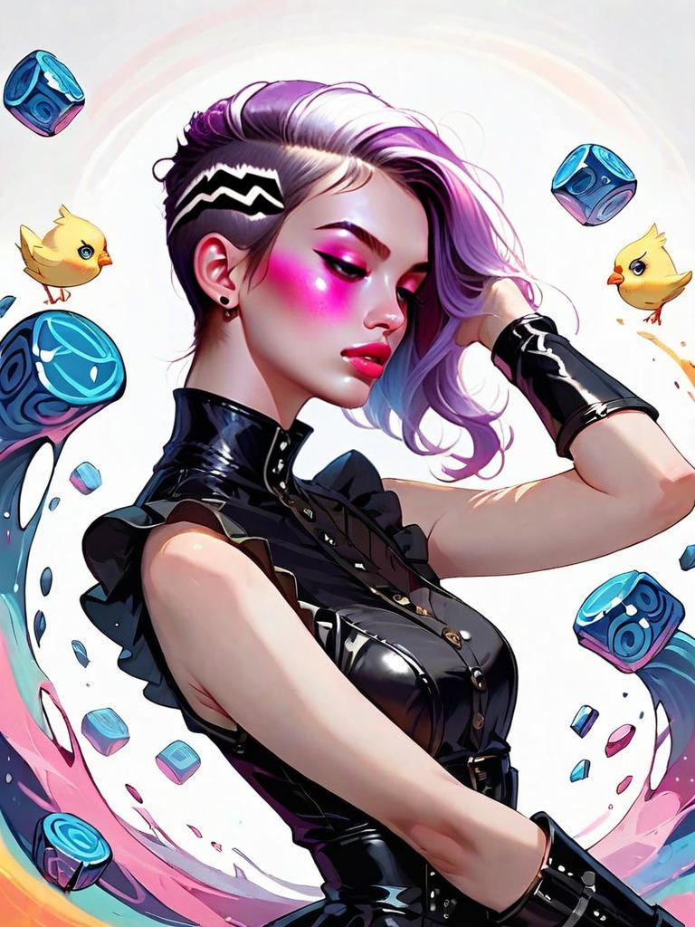 Stylish Woman in Black Leather with Purple Hair and Floating Cubes Digital Art
