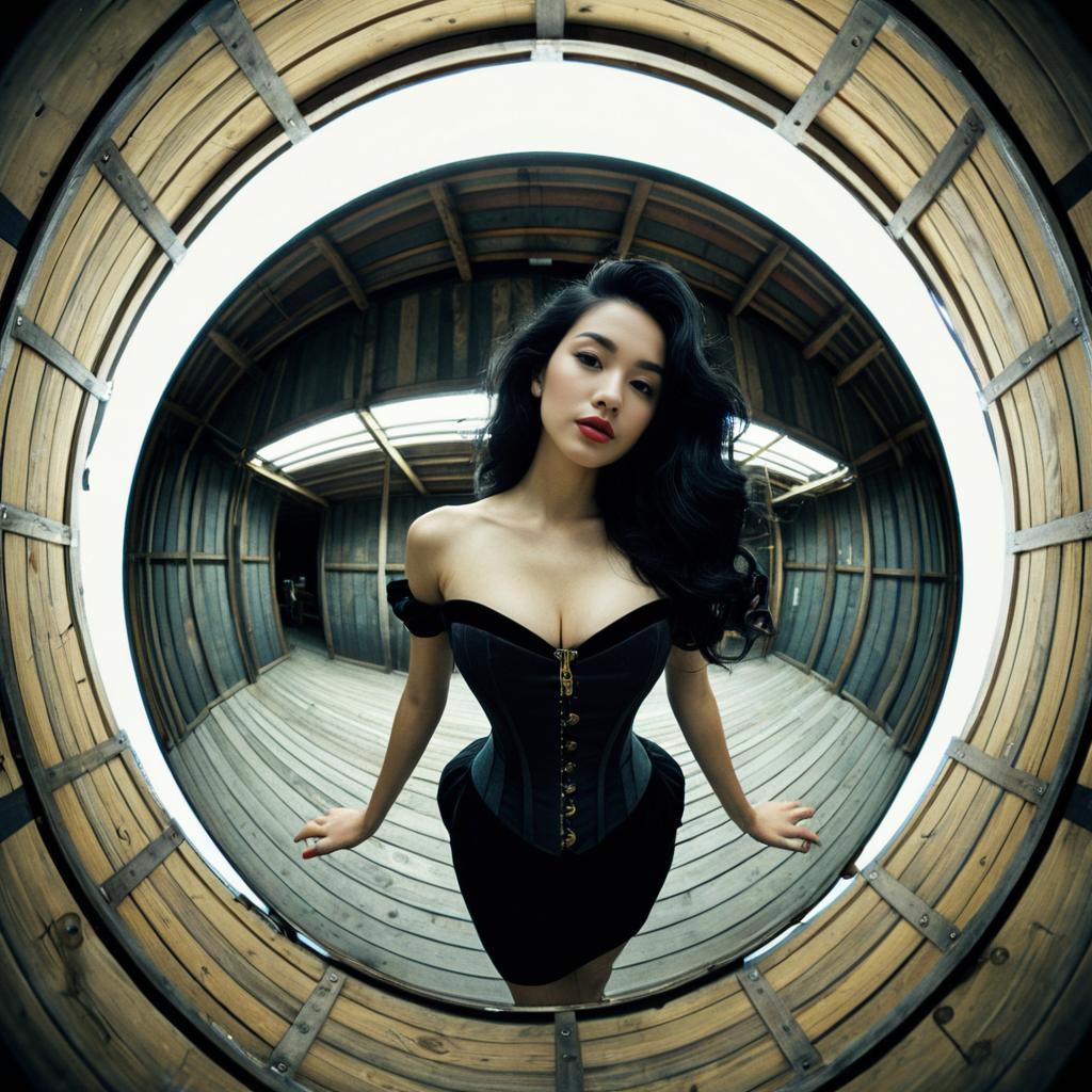 Fisheye Portrait of Woman in Black Corset Dress Inside Wooden Circular Structure