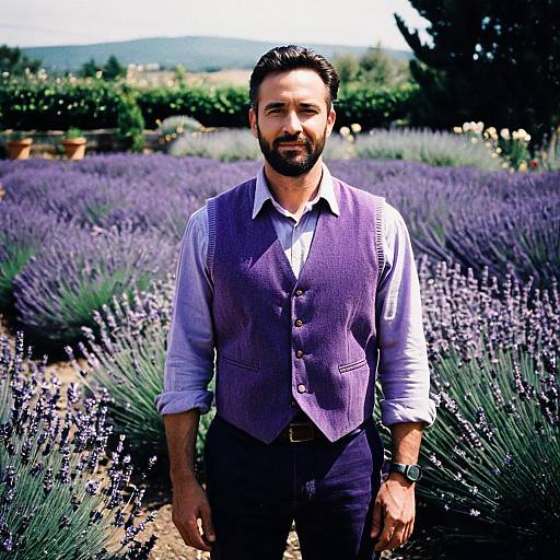 Man in Purple Vest Standing in Lavender Field