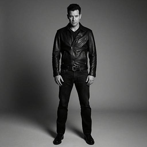 Man in Black Leather Jacket Standing Against Grey Background