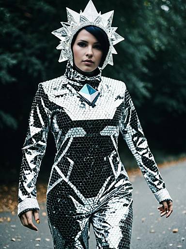 Woman in Crystal Man Costume Wearing Futuristic Reflective Cosplay