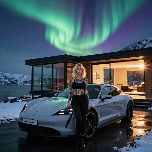 Tattooed Woman Posing with Porsche Taycan under Northern Lights by Modern House