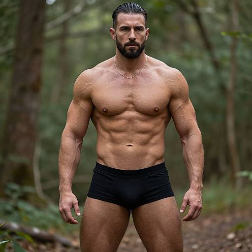 Muscular Man in Black Shorts Posing in Forest Outdoors