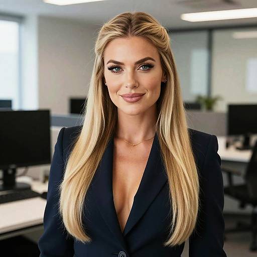 Confident Blonde Woman in Navy Blazer in Modern Office