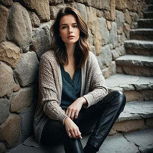 Young Woman in Knitted Cardigan by Rustic Stone Wall
