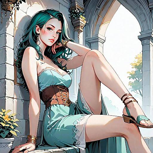 Stylish Woman in Turquoise Dress Sitting by Stone Wall with Arched Architecture