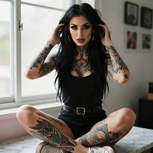 Tattooed Woman Sitting Cross-Legged in Black Outfit by Window