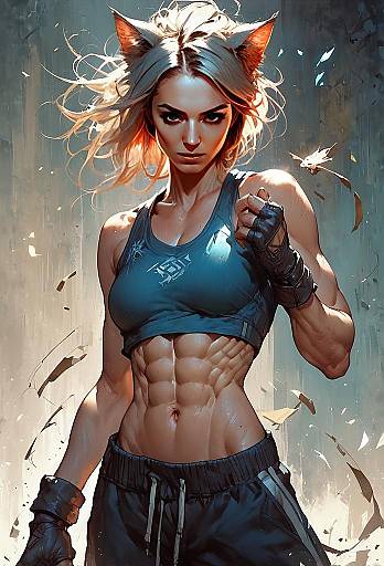 Fierce Athletic Woman with Cat Ears and Muscular Physique in Fantasy Digital Art
