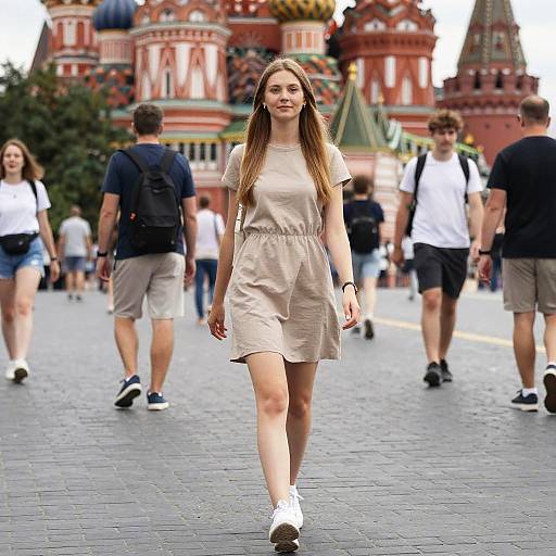Young Woman Walking in Front of St. Basil's Cathedral Moscow