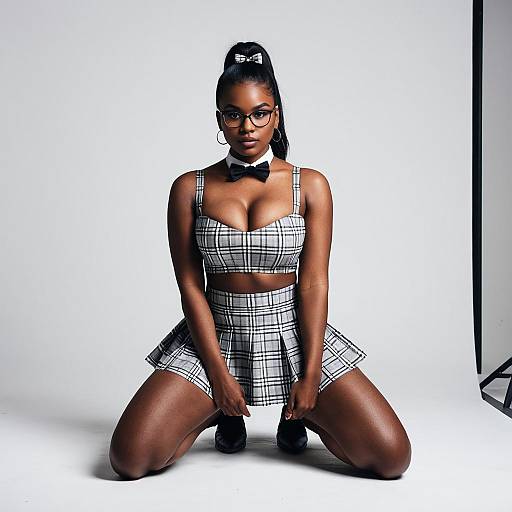 Confident Woman in Stylish Plaid Two-Piece Outfit with Glasses and Bow Tie