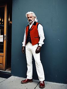 Stylish Mature Man Wearing Red Vest and White Trousers with Brown Gloves