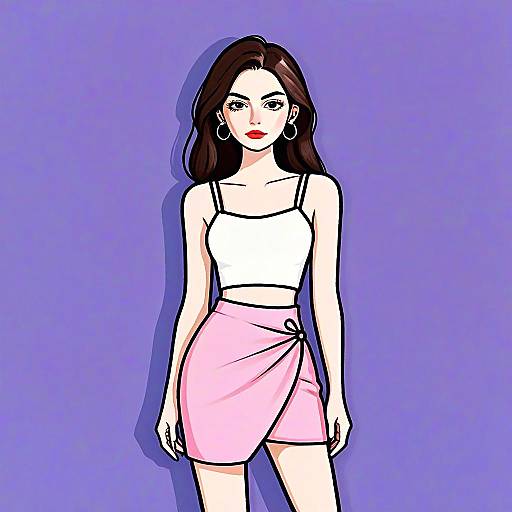 Trendy Woman with Stylish Hair and Fashionable White Crop Top and Pink Skirt Illustration