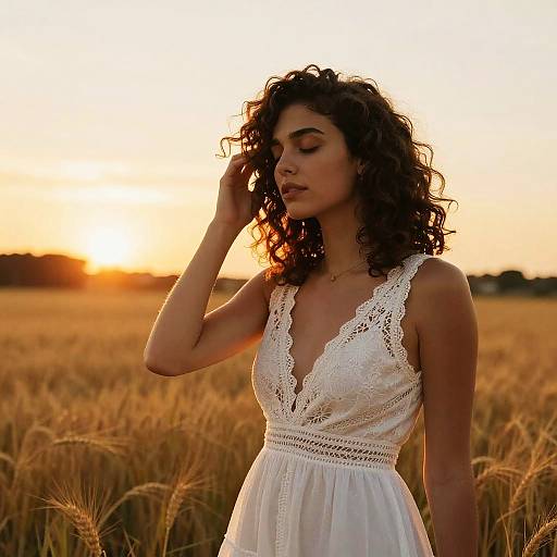Young Woman in White Lace Dress in Wheat Field at Sunset